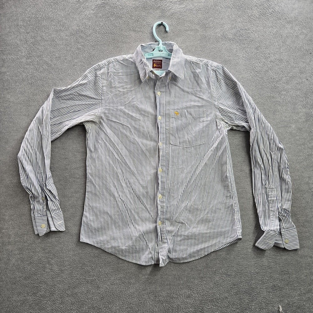VINTAGE Abercrombie & Fitch Men Button Up Shirt M White Moose Embroidery Striped